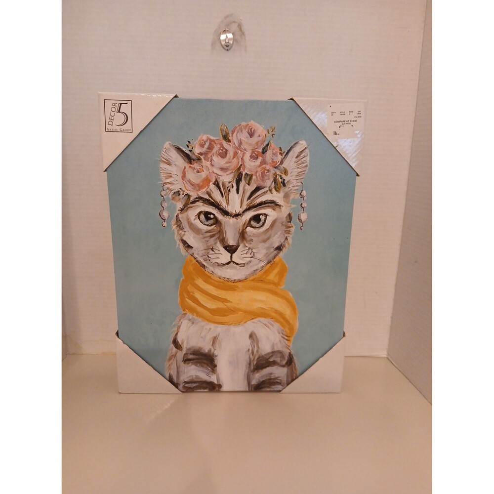 Cat canvas wall art with head dress and jewlery